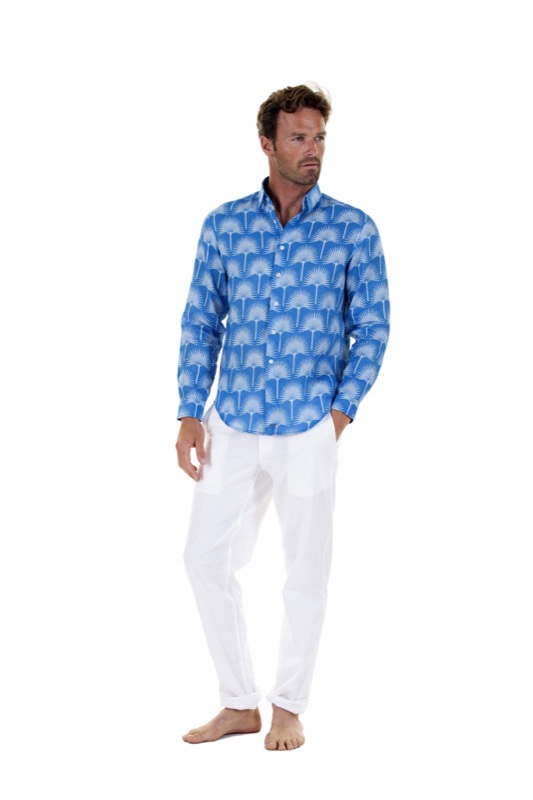 HERREN Leinenhemd Palme in himmelblau Im Verkauf