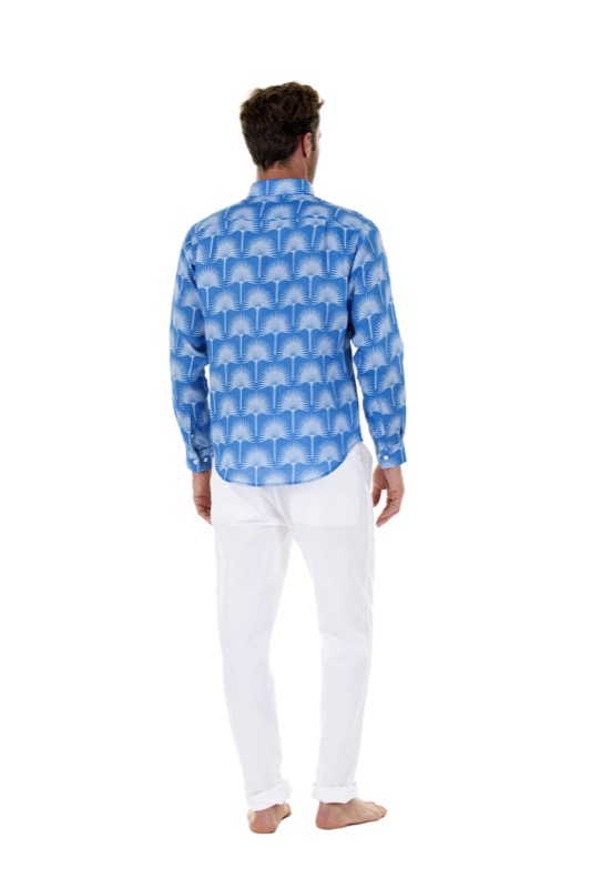HERREN Leinenhemd Palme in himmelblau Im Verkauf