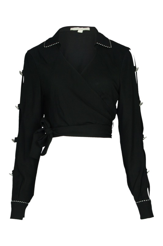 SALE Piped Luxe Wickelbluse schwarz Sonderangebot