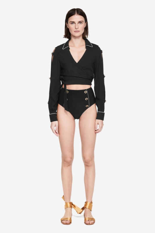 SALE Piped Luxe Wickelbluse schwarz Sonderangebot