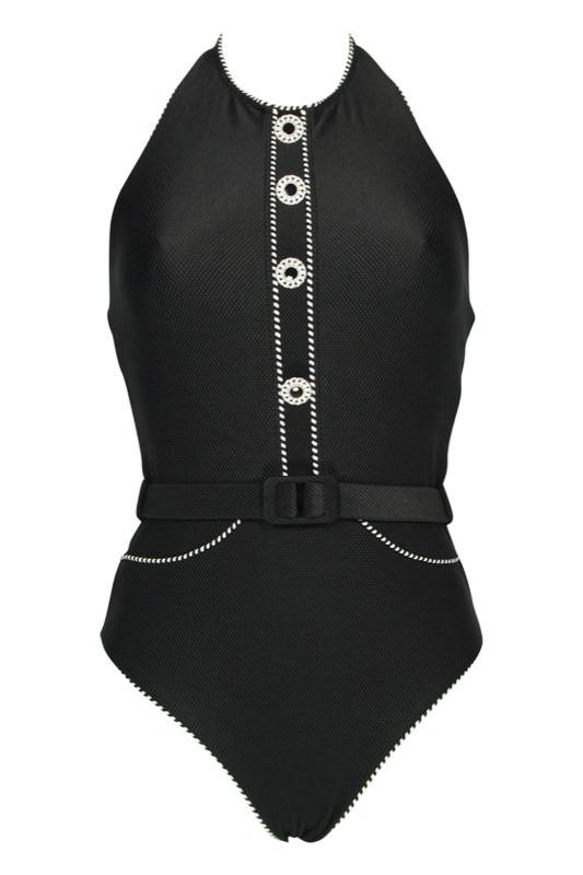 SALE Piped Luxe Badeanzug mit Gürtel schwarz