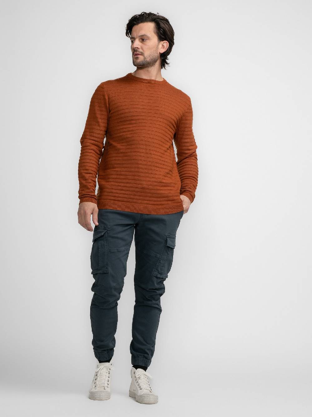 Petrol M-3040-KWR269 Men Knitwear Round Neck Basic (2123 Dark Caramel) Schlussverkauf