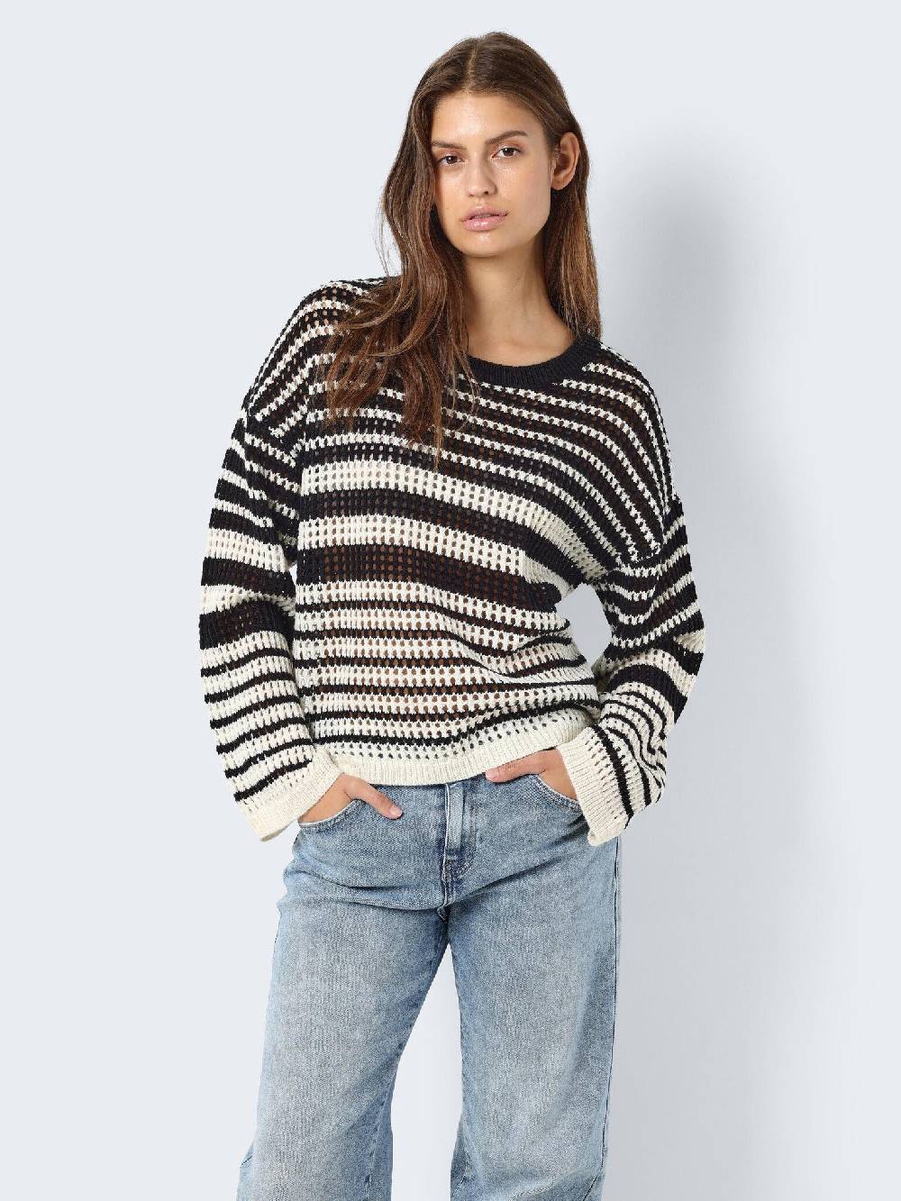 NOISY MAY NMJOLA L/S O-NECK KNT DD EGGNOG/BLACK Clearance-Verkauf