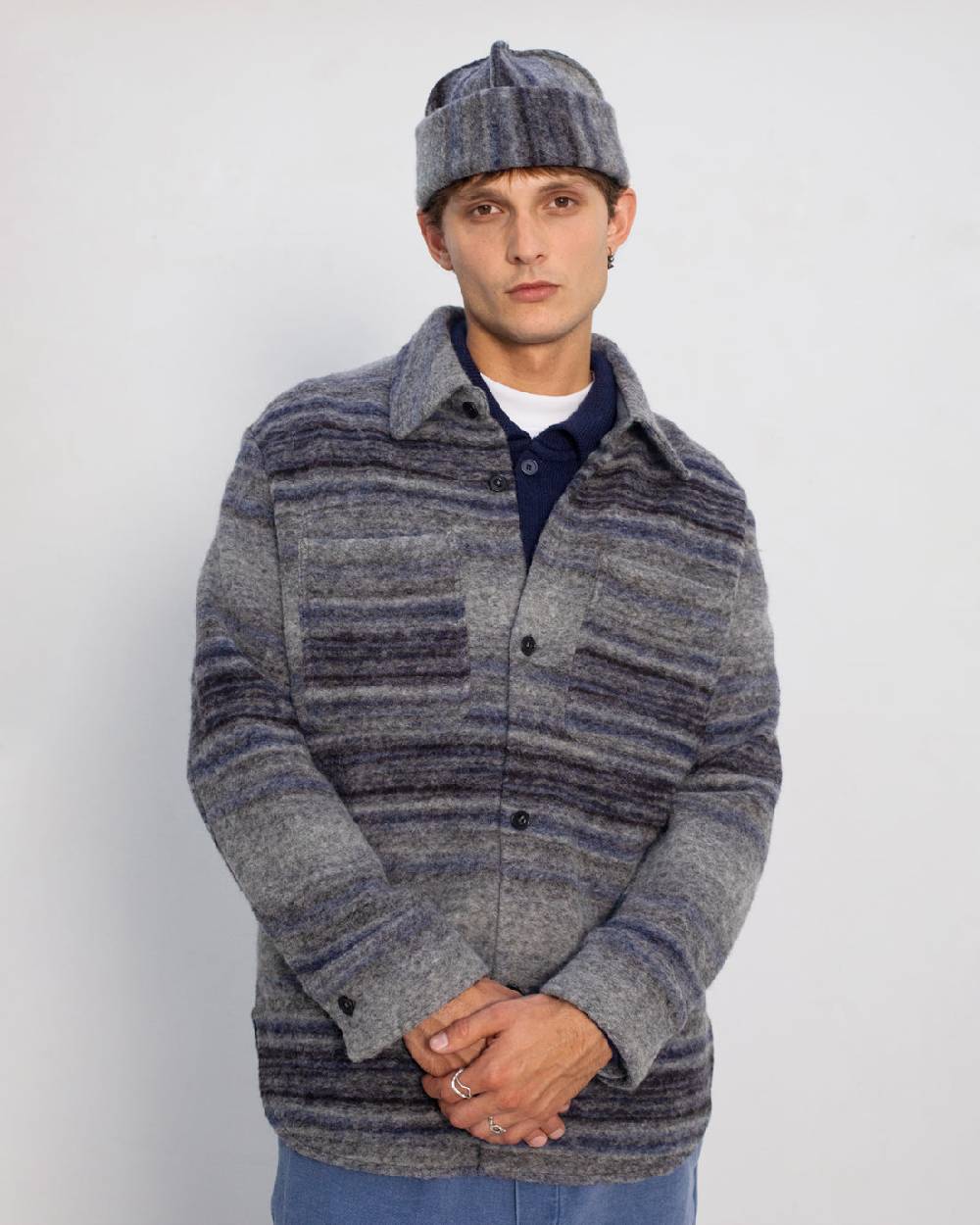 Rotholz Dickes Overshirt Bio Wollmischung - Grau Gestreift Top Angebot