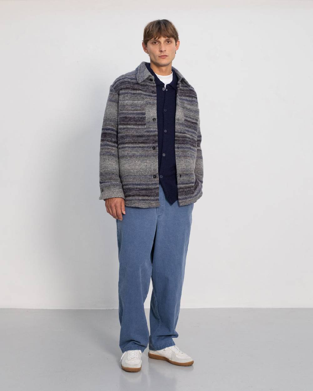 Rotholz Dickes Overshirt Bio Wollmischung - Grau Gestreift Lagerräumung