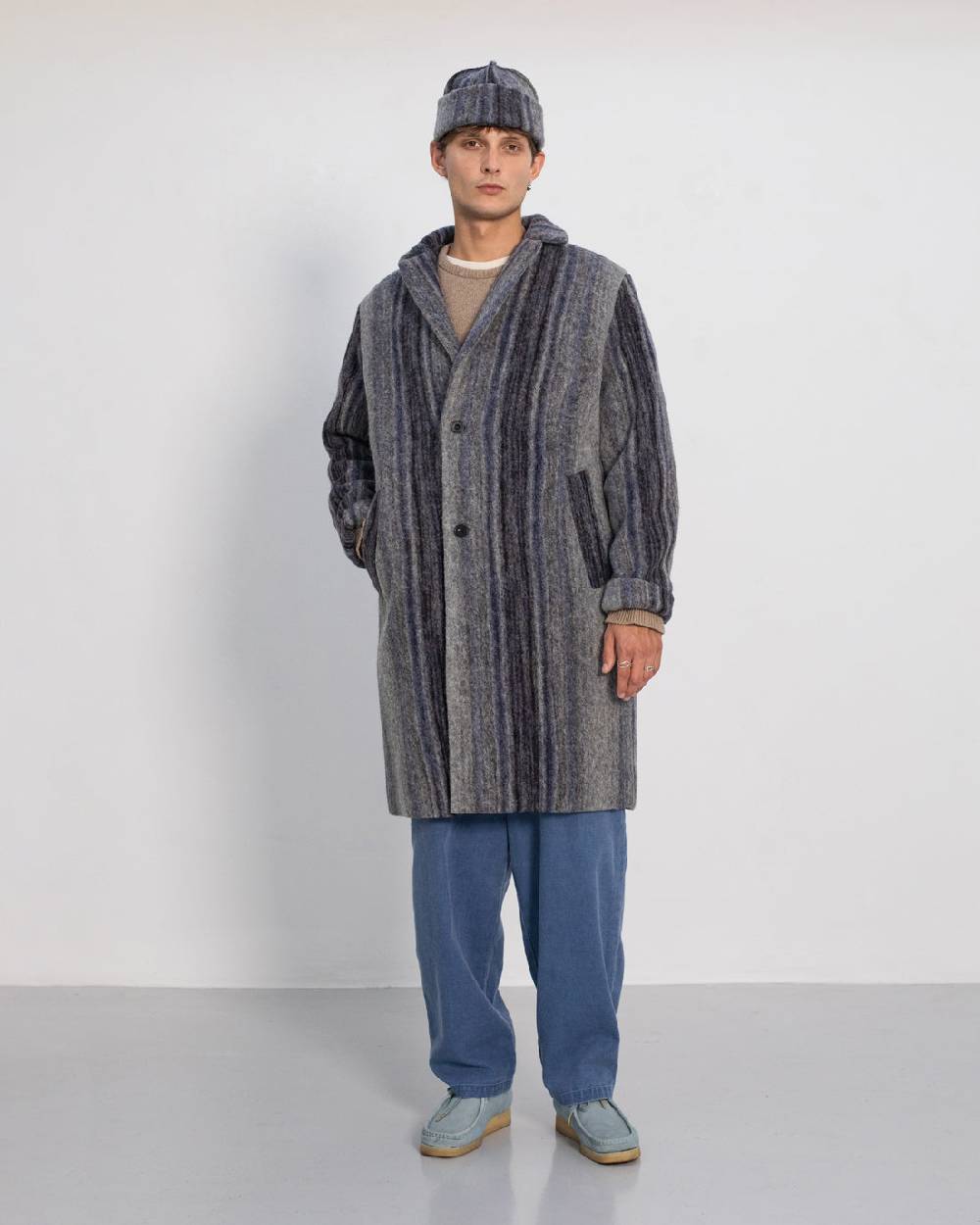 Rotholz Mantel Bio Wollmischung - Grau Gestreift Neueste Mode