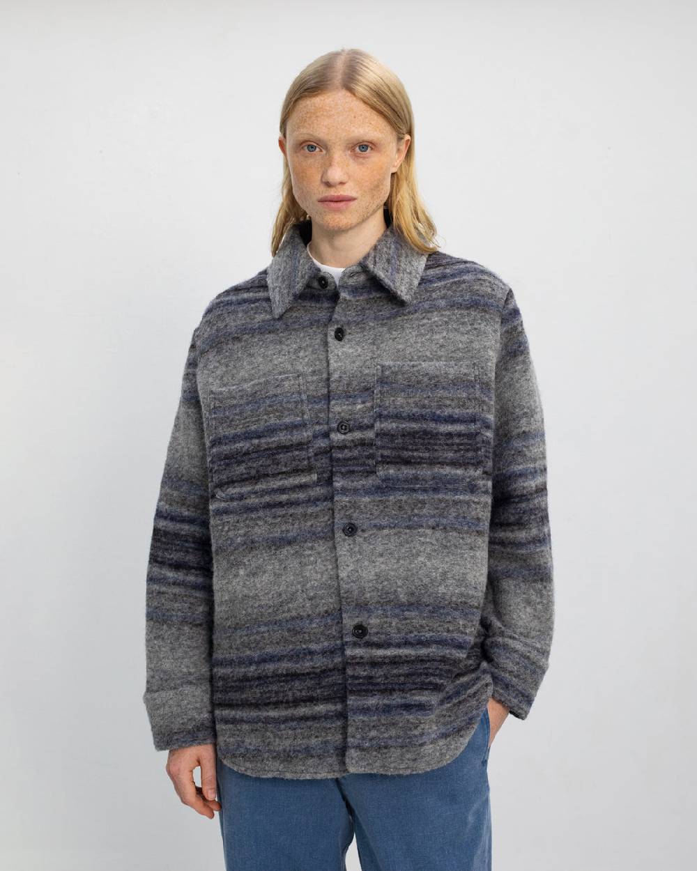 Rotholz Dickes Overshirt Bio Wollmischung - Grau Gestreift Bis zu 65% Rabatt