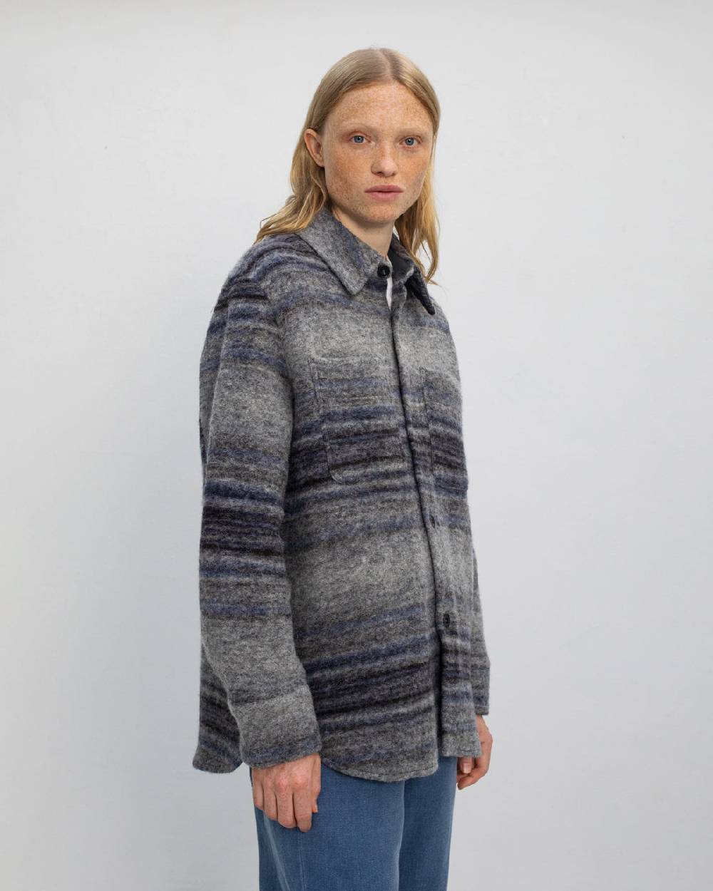 Rotholz Dickes Overshirt Bio Wollmischung - Grau Gestreift Bis zu 65% Rabatt