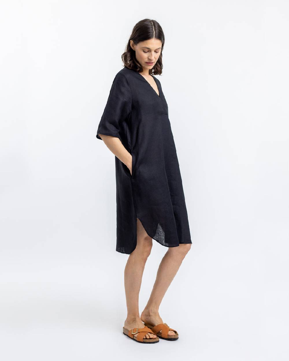 Rotholz Leinen Kaftan Kleid Schwarz Kostenloser Versand