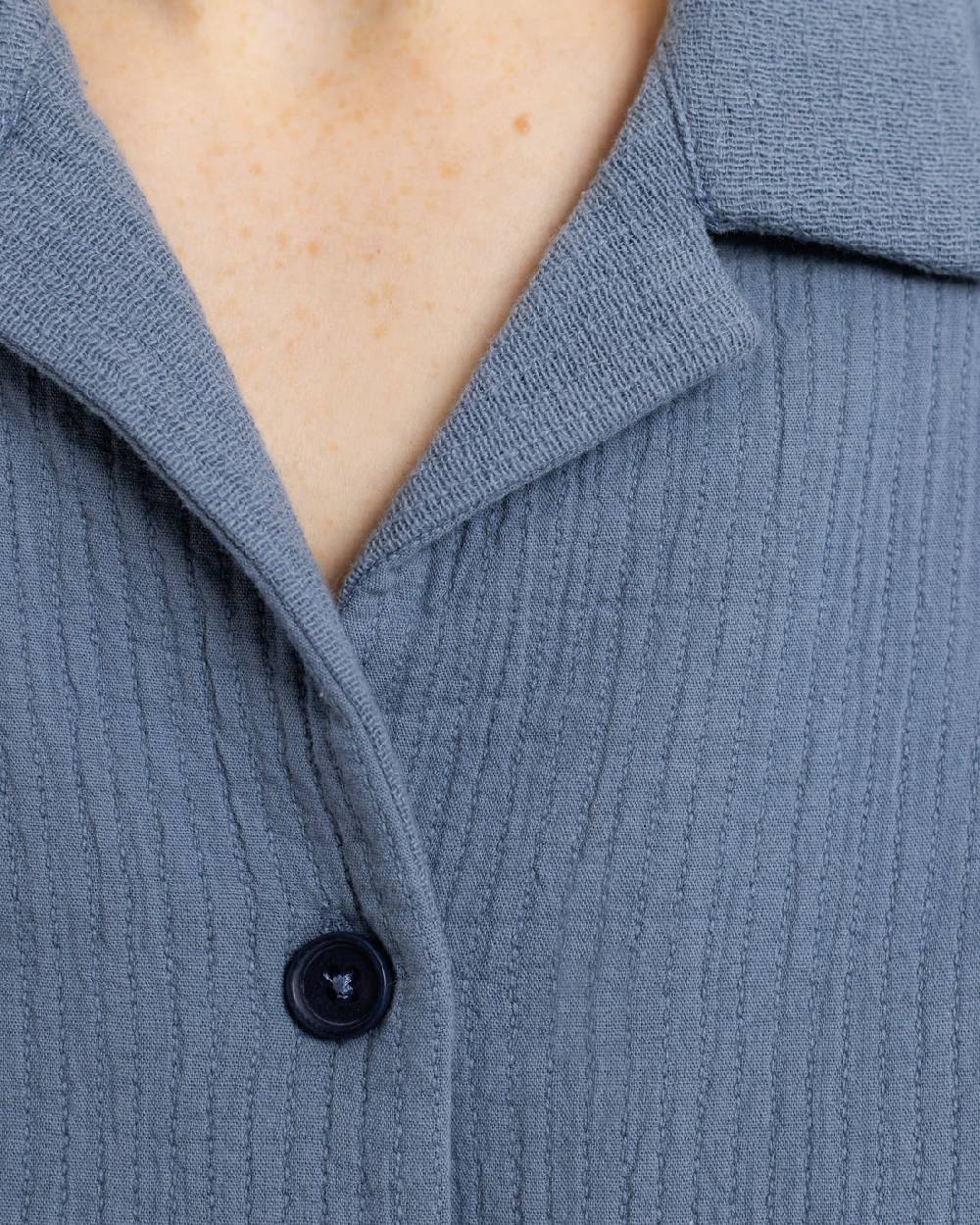 Rotholz Kurzes Bowling Shirt Bio Baumwolle - Blau Rabatte dieses Monats