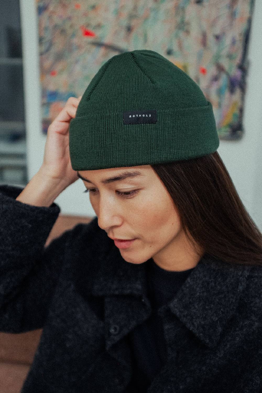 Rotholz Kurze Mütze Merino Fein - Olive Weihnachtsangebot
