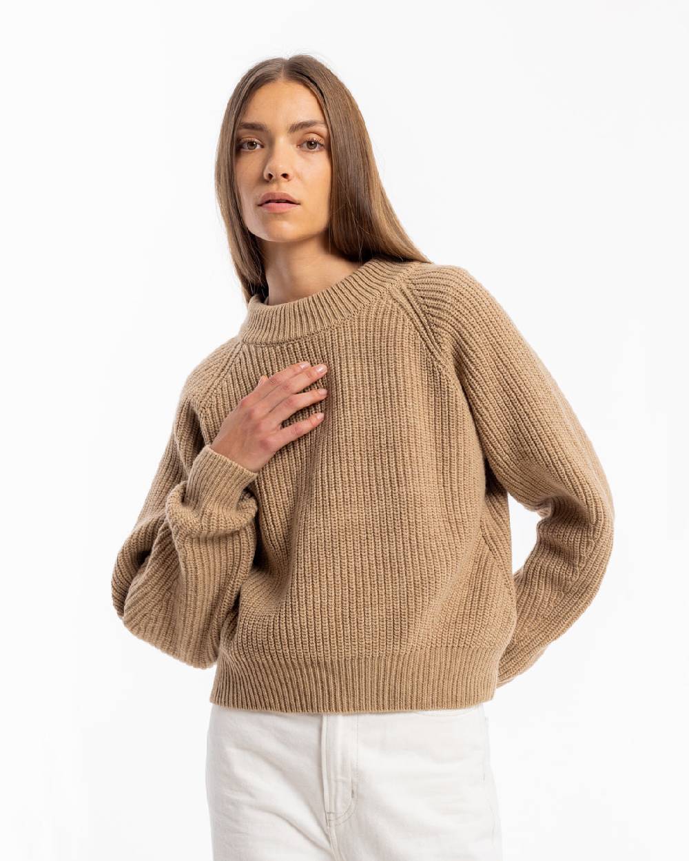 Rotholz Grober Strickpullover Wollmischung - Beige Kostenloser Versand international