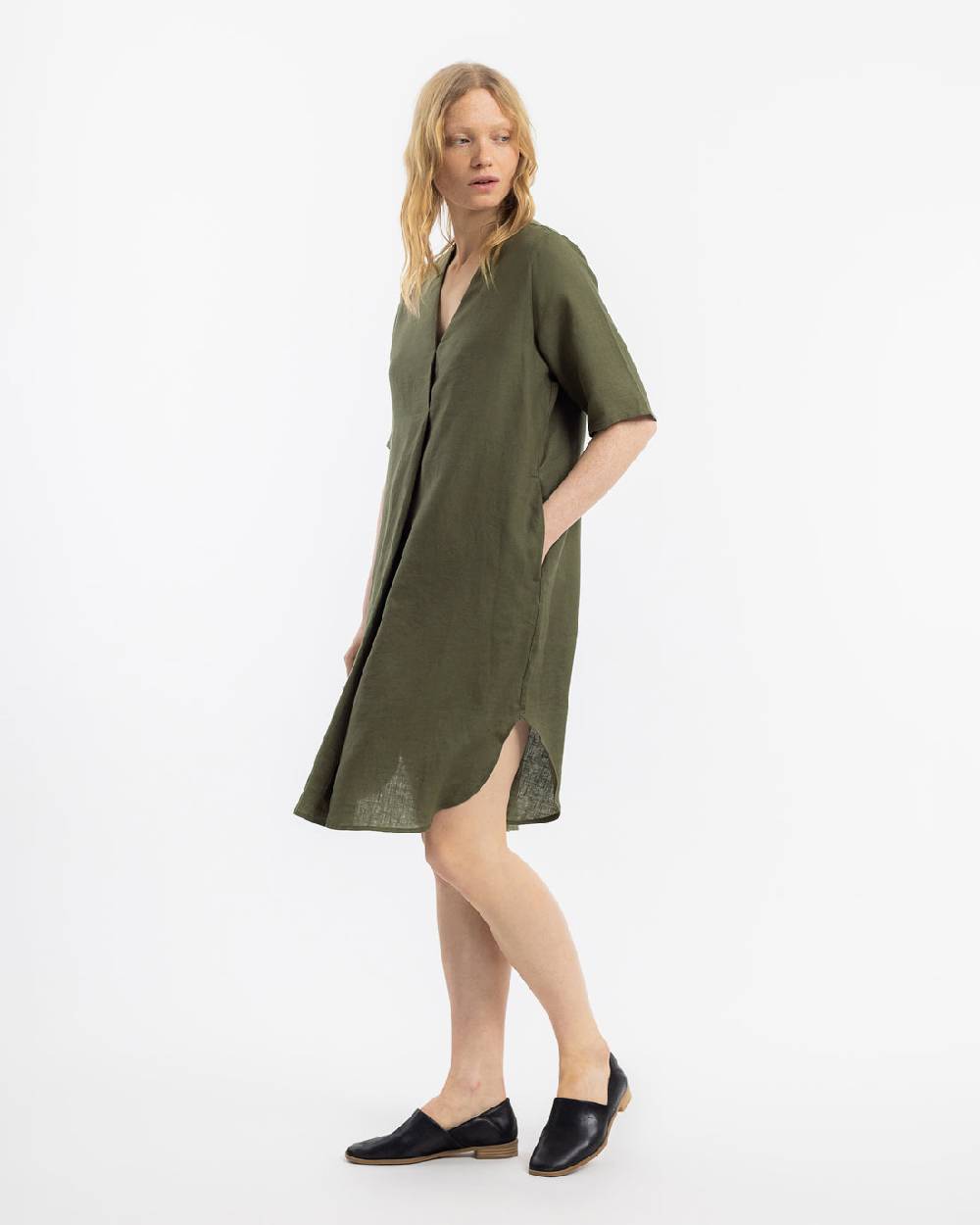 Rotholz Kaftan Kleid Leinen Mix - Oliv Bis zu 65% Rabatt
