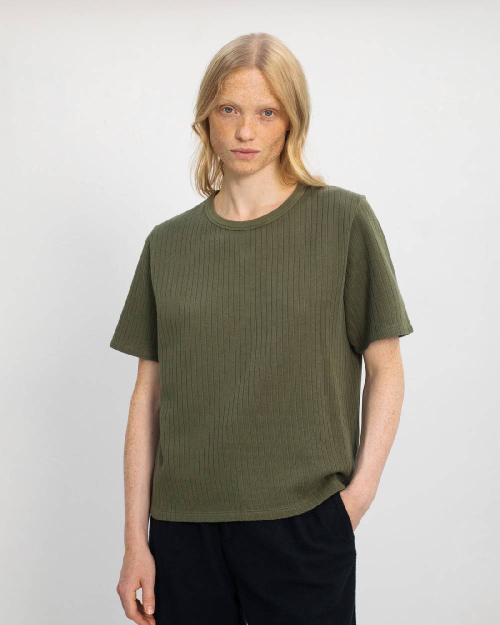 Rotholz Schweres Geripptes T-Shirt Bio Baumwolle - Grün Fabrikladen