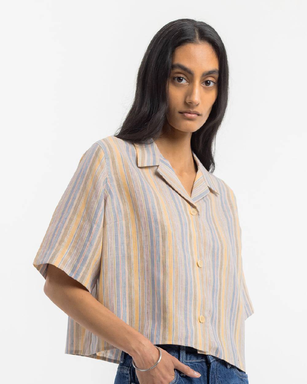 Rotholz Kurzes Bowling Shirt Leinen Mix - Gestreift Auslauf