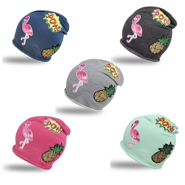 Sonia Originelli Beanie Mütze Kind Patch Aufnäher Flamingo Ananas Pow trend Baumwolle Bis zu 65% Rabatt