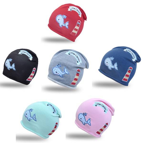 Sonia Originelli Beanie Mütze Kleinkind Patch Aufnäher Leuchtturm maritim Wal trend Baumwolle Babymütze Fabrikladen