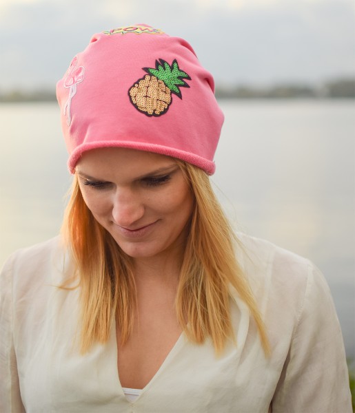 Sonia Originelli Beanie Mütze Patch Aufnäher Kirsche Anker Palme trend Baumwolle Im Verkauf