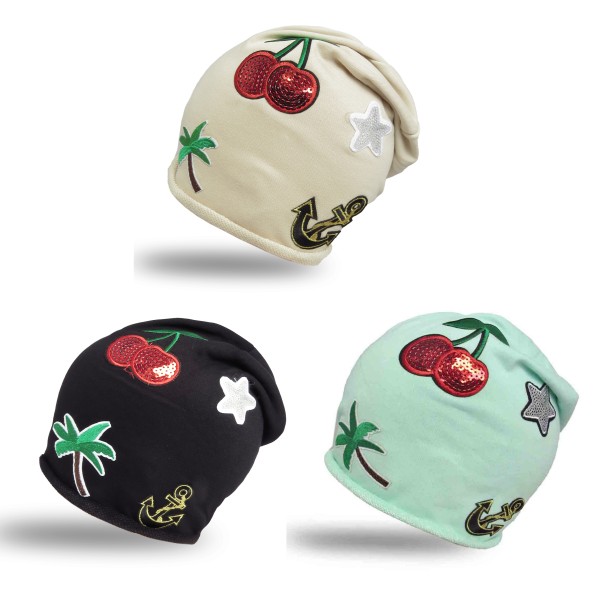 Sonia Originelli Beanie Mütze Patch Aufnäher Kirsche Anker Palme trend Baumwolle Im Verkauf
