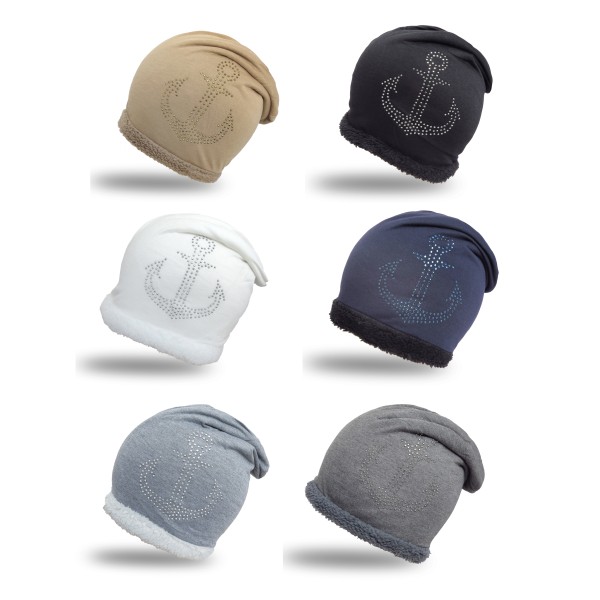 Sonia Originelli Fleece Beanie mit Strass-Anker Steinchen und weichem Teddyfell Jubiläumsangebot