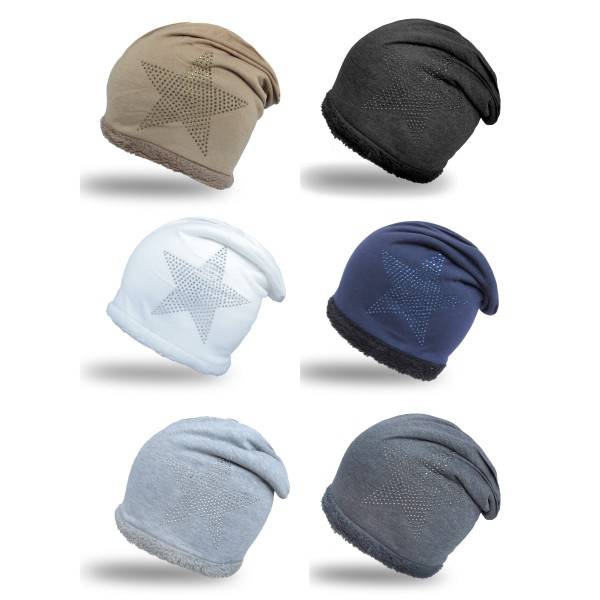 Sonia Originelli Fleece Beanie Strass-Stern Steinchen mit weichem Teddyfell gefüttert Lagerräumung