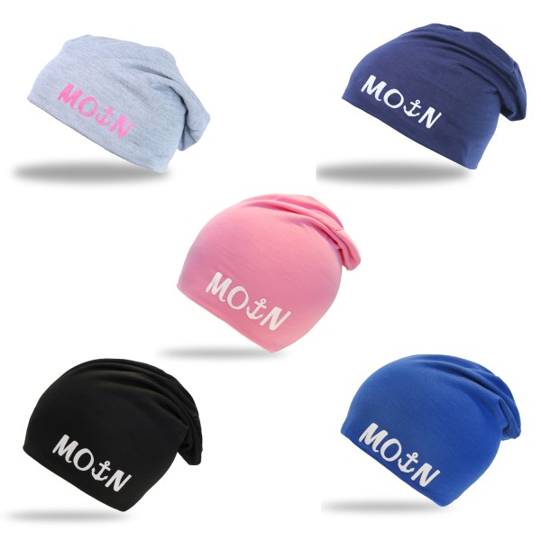 Sonia Originelli Kinder Beanie Mütze unifarben mit MOIN Aufdruck Anker maritim Jersey Unisex Tägliche Deals