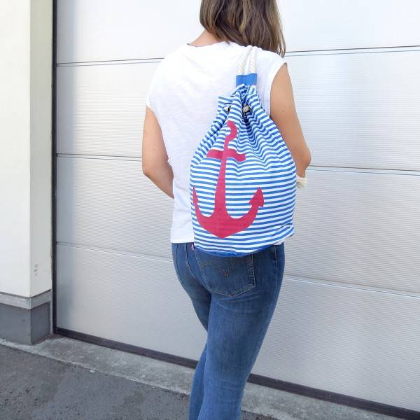 Sonia Originelli Seesack maritim gestreift mit Ankerdruck Seilkordeln Flash Sale