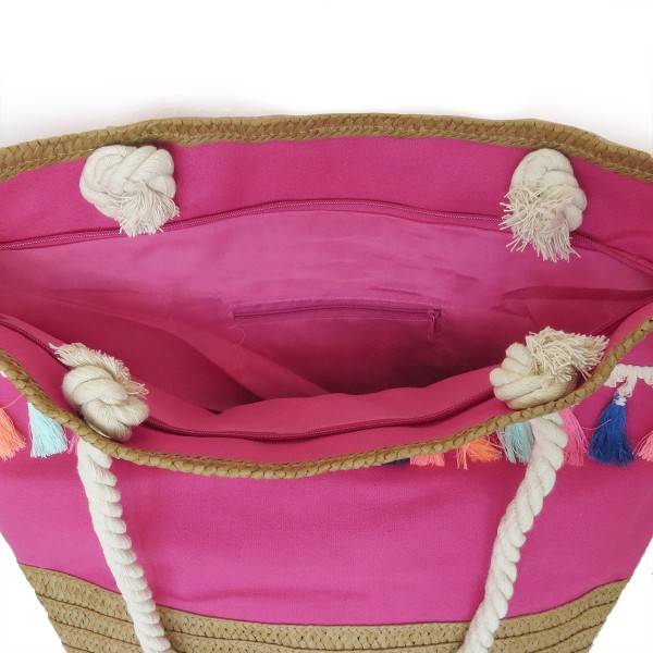 Sonia Originelli Shopper Boho mit neon Quasten Fransen Bommel Bastverzierung Strandtasche Preisnachlass