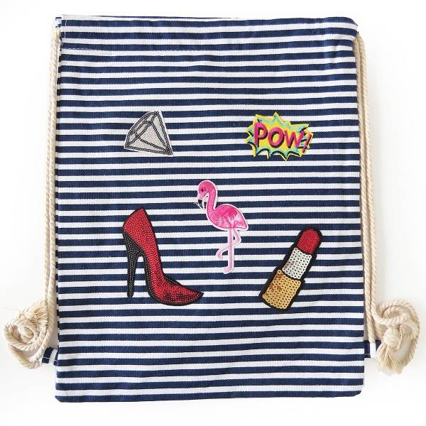 Sonia Originelli Turnbeutel Patches Aufnäher Gymbag gestreift Flamingo Baumwolle Blitzangebot