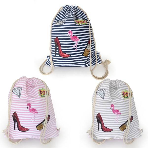 Sonia Originelli Turnbeutel Patches Aufnäher Gymbag gestreift Flamingo Baumwolle Blitzangebot