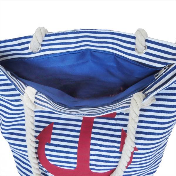Sonia Originelli Strandtasche maritim gestreift mit Ankerprint Seilkordel Reißverschluss Letzter Tag