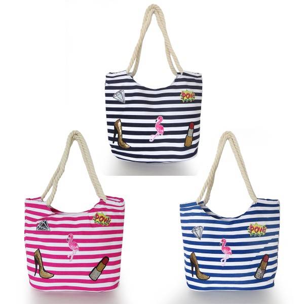 Sonia Originelli Strandtasche maritim gestreift mit Patch Aufnähern Flamingo Nur für heute