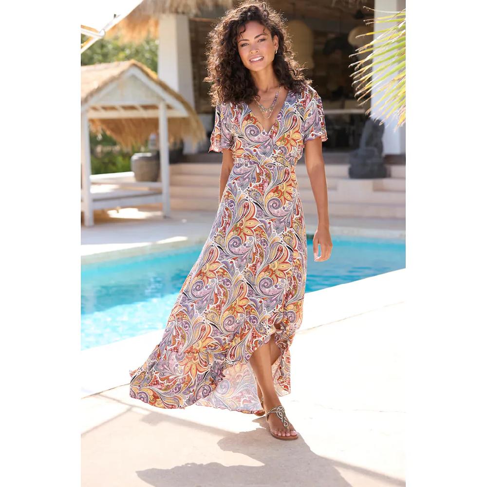 LASCANA Maxikleid mit Paisleydruck Schlitz und Volant Flügelärmel Druckkleid Bestseller