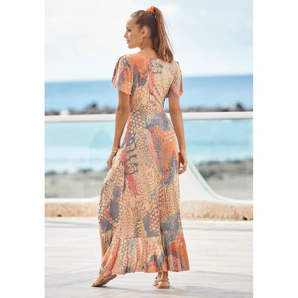Buffalo Maxikleid mit Animalprint Schlitz und Volant Flügelärmel Druckkleid Outlet