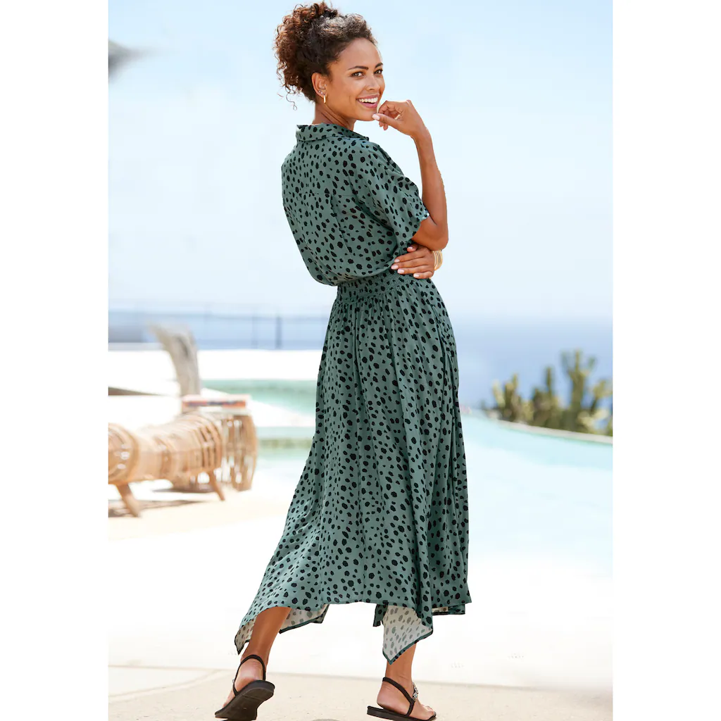 LASCANA Druckkleid mit Punktedruck und asymmetrischem Saum Hemdblusenkleid Midikleid Letzte 2 Tage