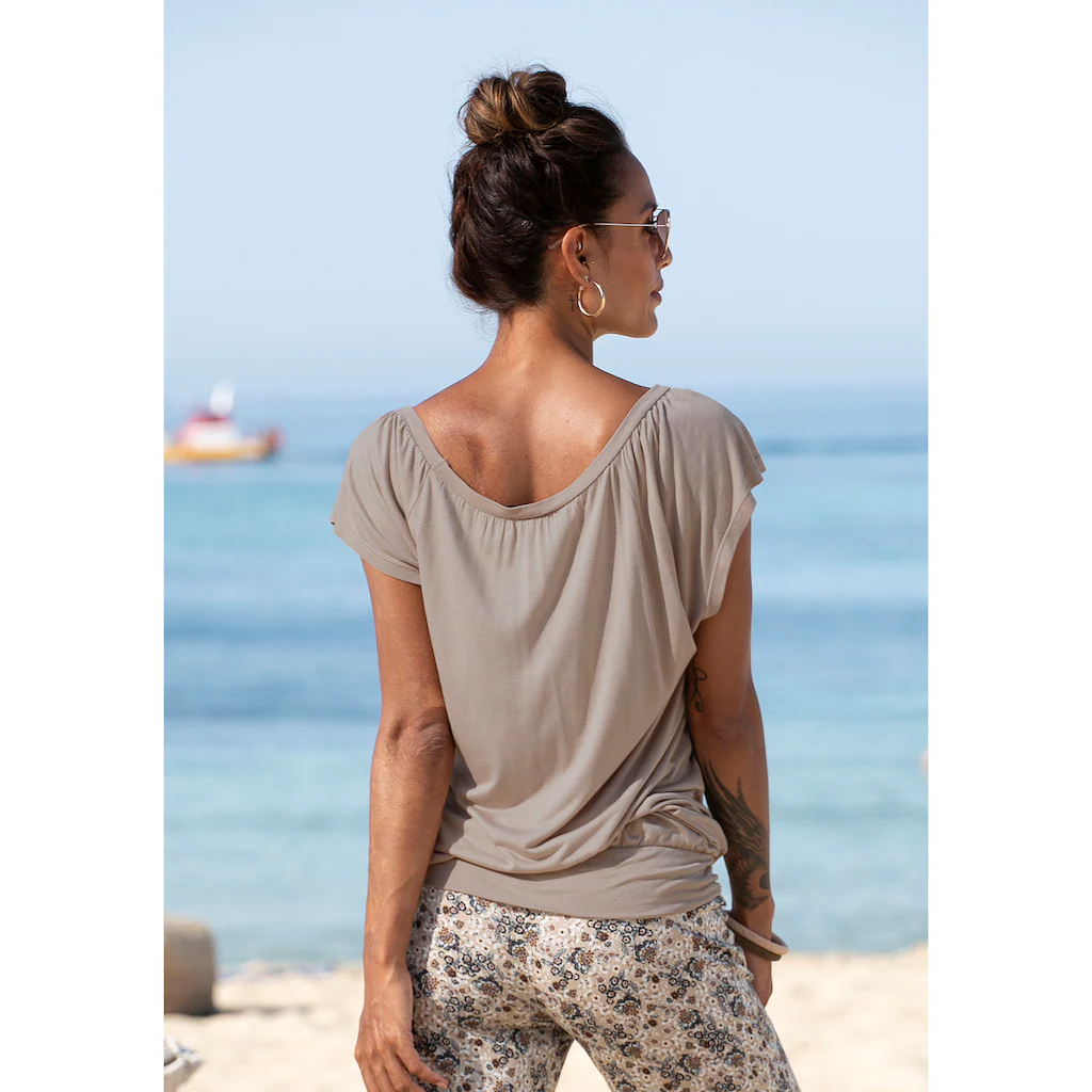 LASCANA V-Shirt mit breitem Gummizugbund T-Shirt mit V-Ausschnitt Basic Blitzangebot